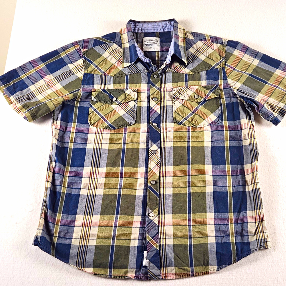 Rugged Boys' XL Plaid Woven Cotton Short Sleeve Pearl Button-Up Shirt Pockets